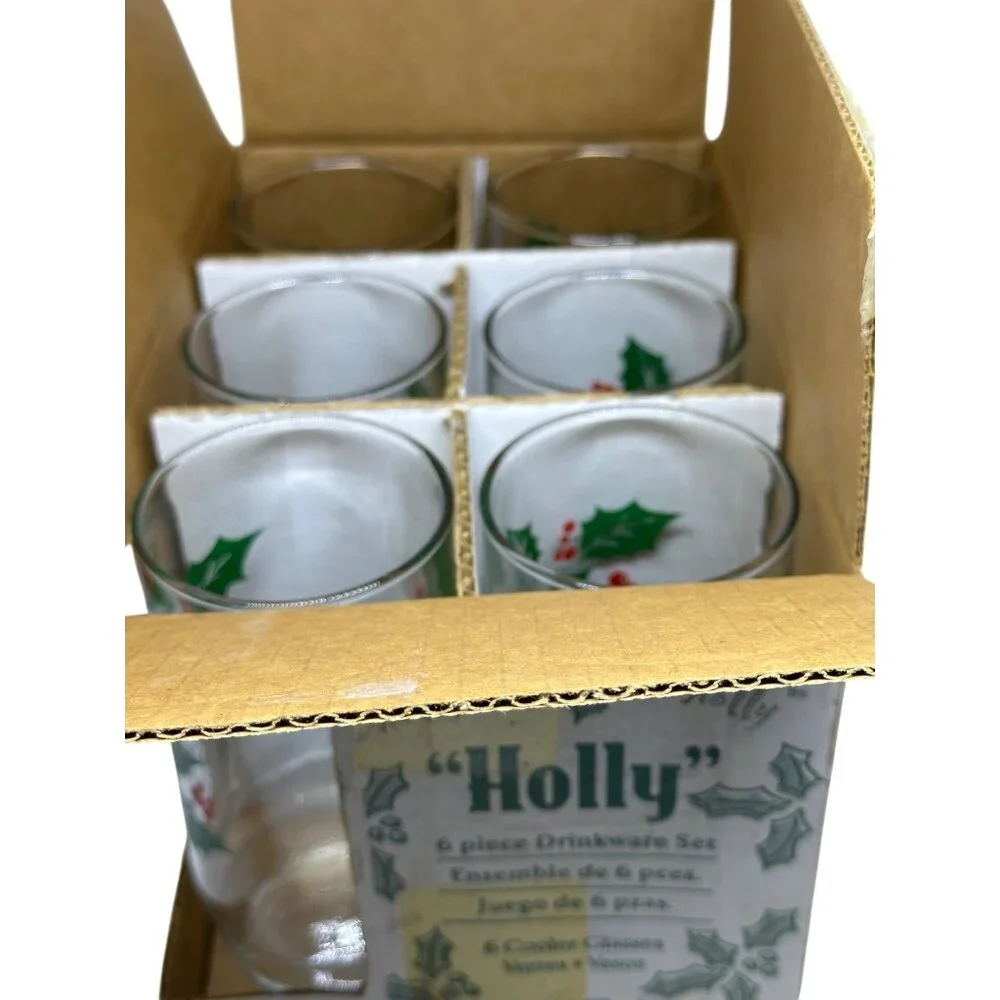 VTG NIB Indiana Glass Holly 6Pc Holiday Cooler Berry Glasses Christmas Drinkware